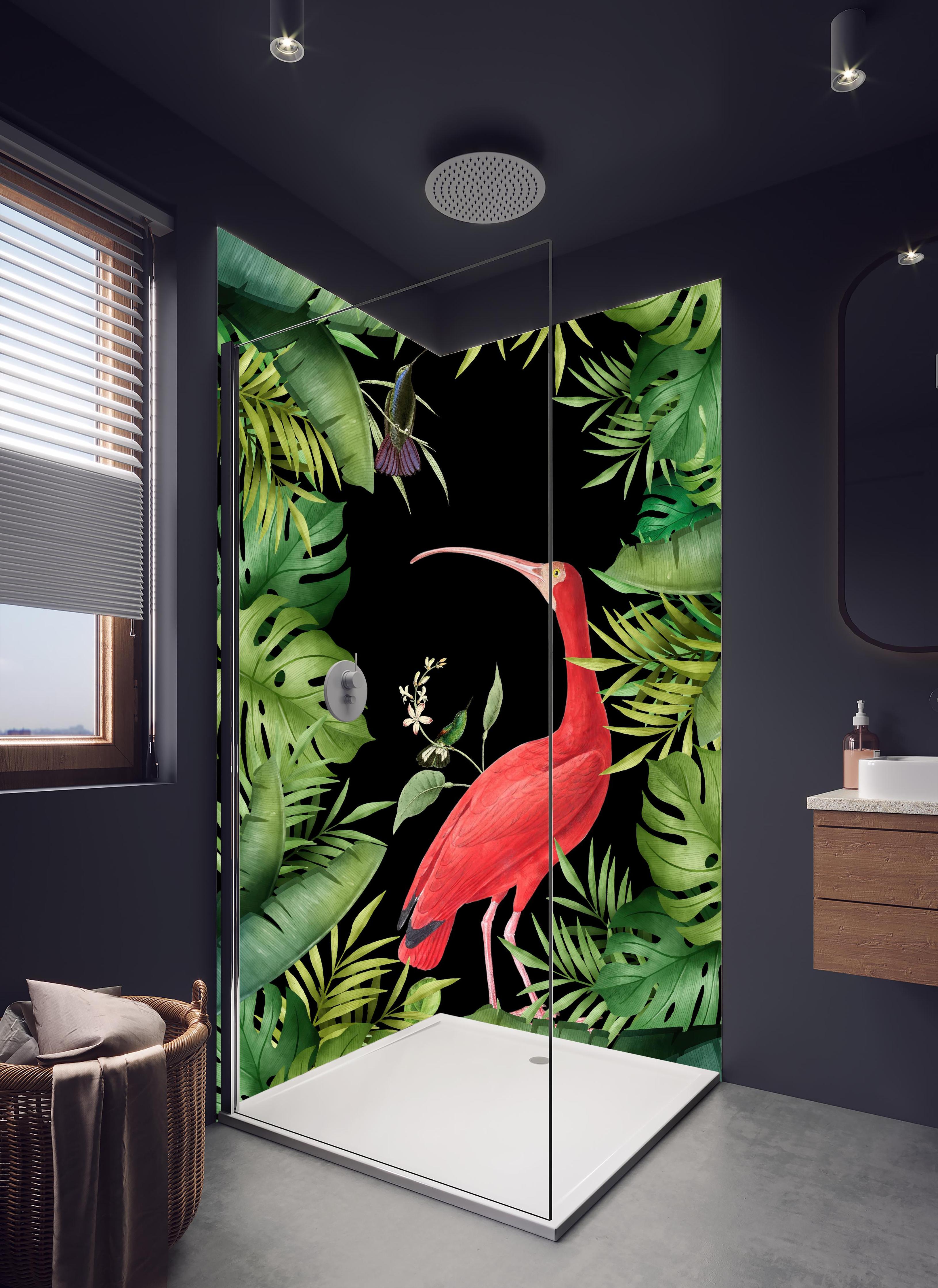 Duschrückwand - Flamingo im Pflanzenrahmen in hellem Badezimmer mit Regenduschkopf  - zweiteilige Eck-Duschrückwand