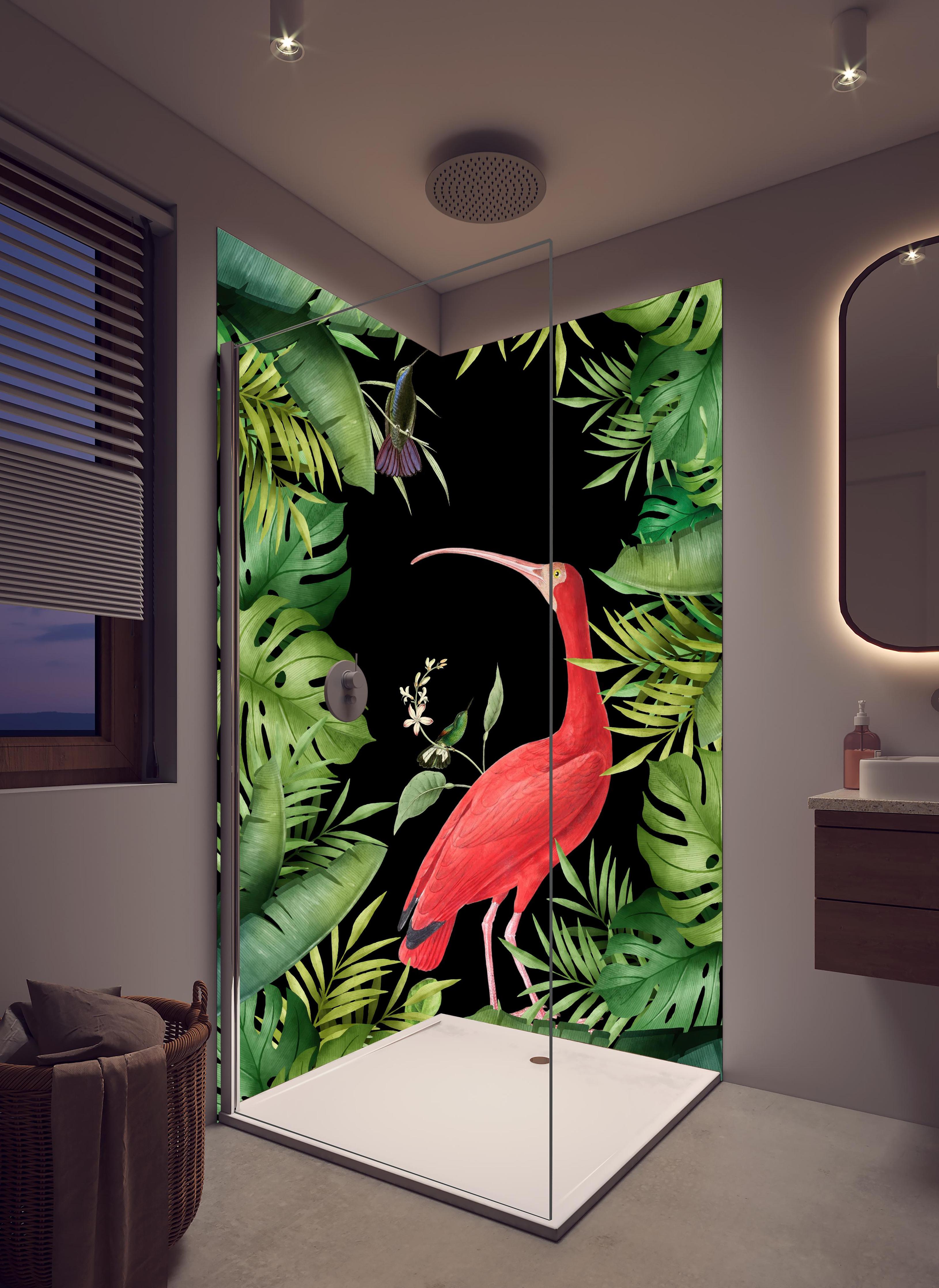 Duschrückwand - Flamingo im Pflanzenrahmen in hellem Badezimmer mit Regenduschkopf  - zweiteilige Eck-Duschrückwand