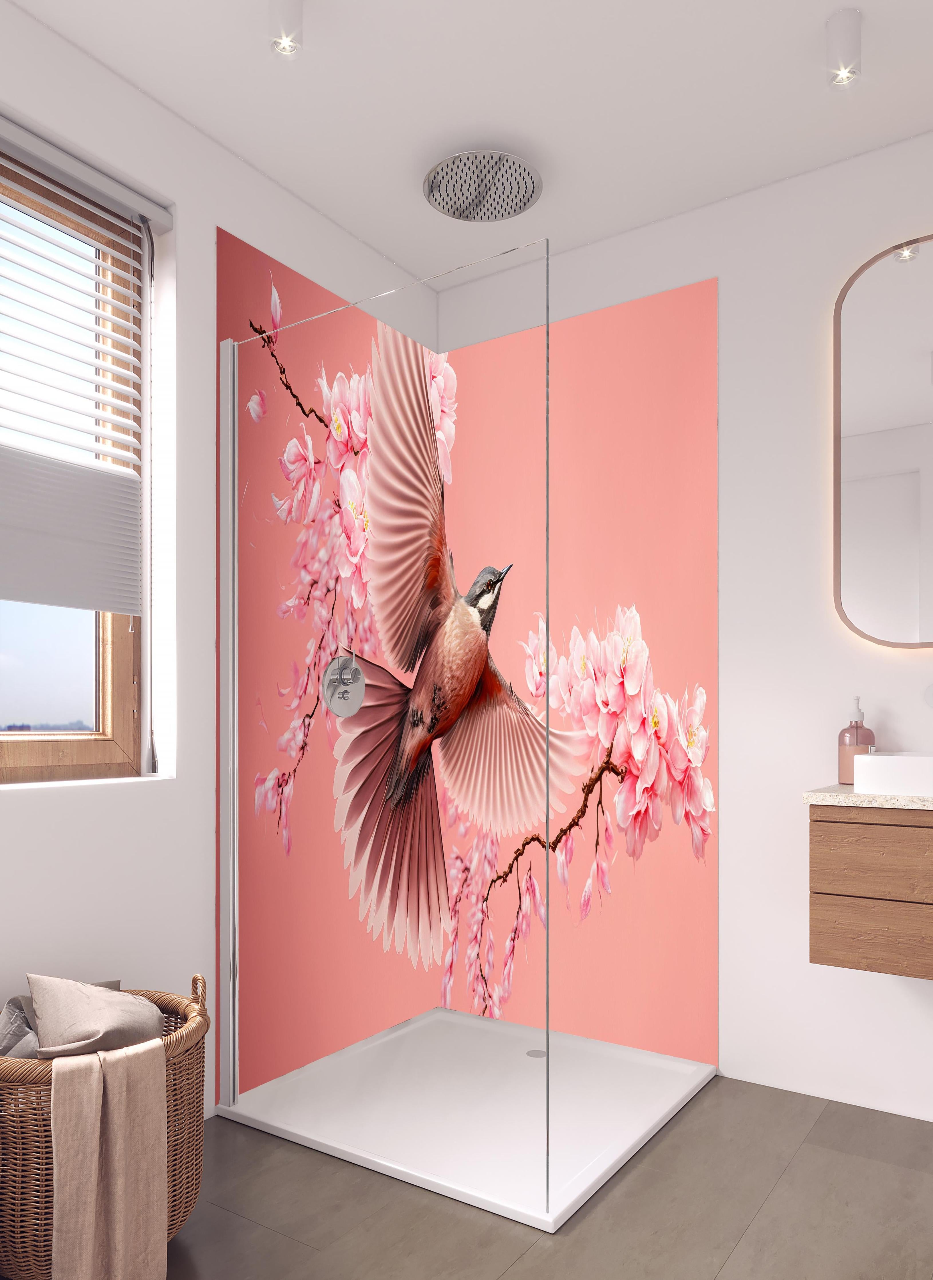 Duschrückwand - Fliegender Vogel Kirschblüten Sakura Pink in hellem Badezimmer mit Regenduschkopf  - zweiteilige Eck-Duschrückwand