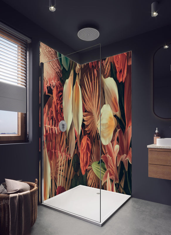 Duschrückwand - Florale Grußkarte mit Frühlingsblumen in hellem Badezimmer mit Regenduschkopf  - zweiteilige Eck-Duschrückwand