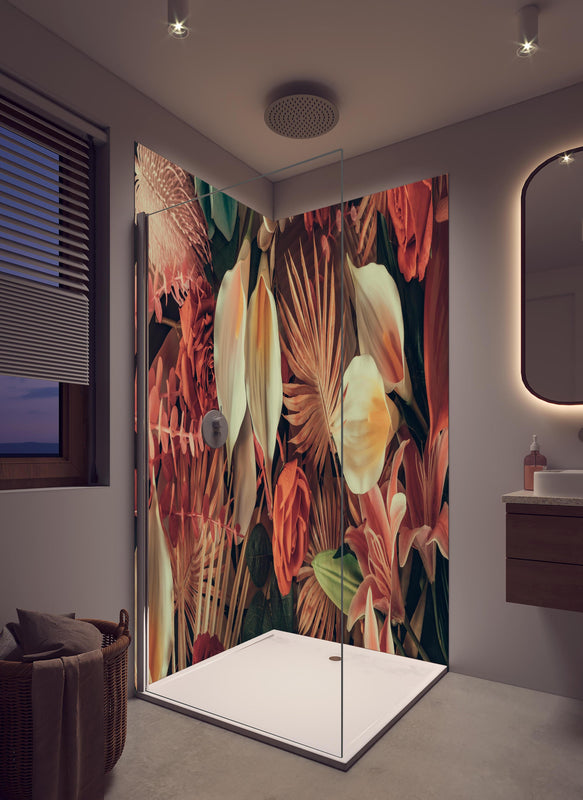 Duschrückwand - Florale Grußkarte mit Frühlingsblumen in hellem Badezimmer mit Regenduschkopf  - zweiteilige Eck-Duschrückwand