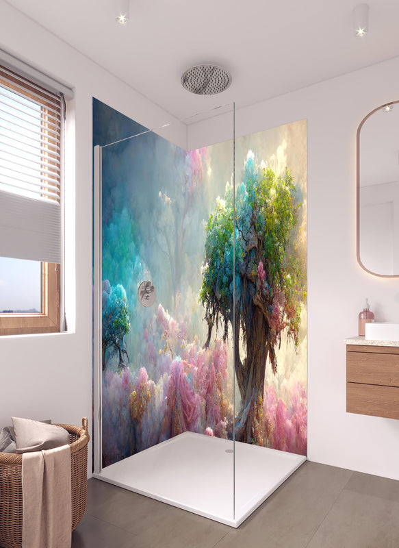 Duschrückwand - Florale Märchenlandschaft in hellem Badezimmer mit Regenduschkopf  - zweiteilige Eck-Duschrückwand