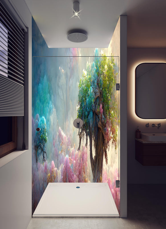 Duschrückwand - Florale Märchenlandschaft in hellem Badezimmer mit Regenduschkopf  - zweiteilige Eck-Duschrückwand