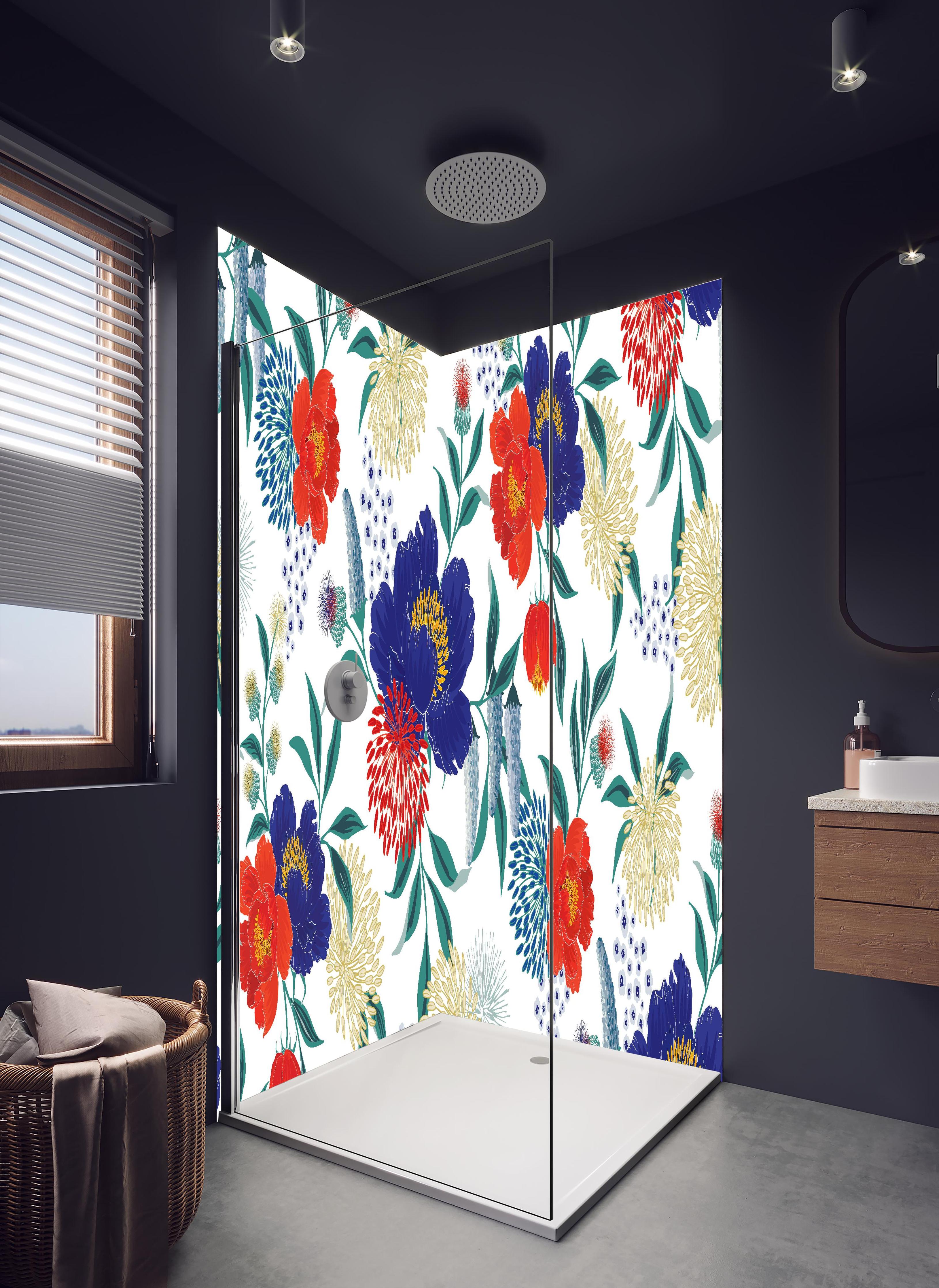 Duschrückwand - Florale Tapete mit buntem Blumen Design in hellem Badezimmer mit Regenduschkopf  - zweiteilige Eck-Duschrückwand