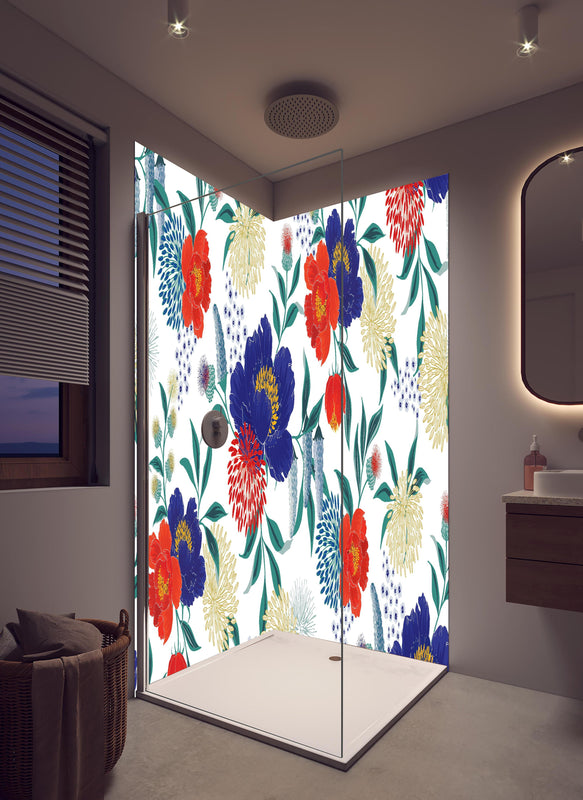 Duschrückwand - Florale Tapete mit buntem Blumen Design in hellem Badezimmer mit Regenduschkopf  - zweiteilige Eck-Duschrückwand