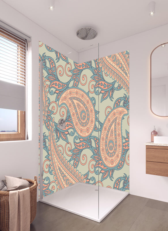 Duschrückwand - Florales Design - orientalisches Muster in hellem Badezimmer mit Regenduschkopf  - zweiteilige Eck-Duschrückwand