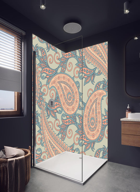 Duschrückwand - Florales Design - orientalisches Muster in hellem Badezimmer mit Regenduschkopf  - zweiteilige Eck-Duschrückwand