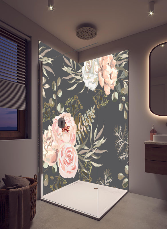 Duschrückwand - Florales Muster Rosa Blüten auf Dunkelgrau in hellem Badezimmer mit Regenduschkopf  - zweiteilige Eck-Duschrückwand