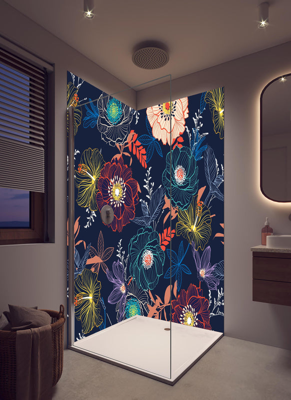 Duschrückwand - Florales Nachtgarten Muster mit Farbakzenten in hellem Badezimmer mit Regenduschkopf  - zweiteilige Eck-Duschrückwand