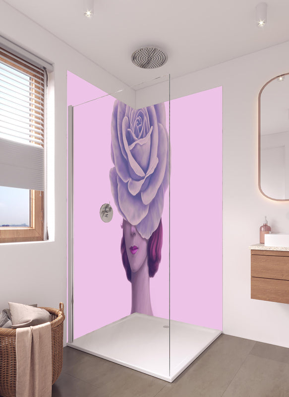 Duschrückwand - Florales Portrait - 3D Darstellung in hellem Badezimmer mit Regenduschkopf  - zweiteilige Eck-Duschrückwand