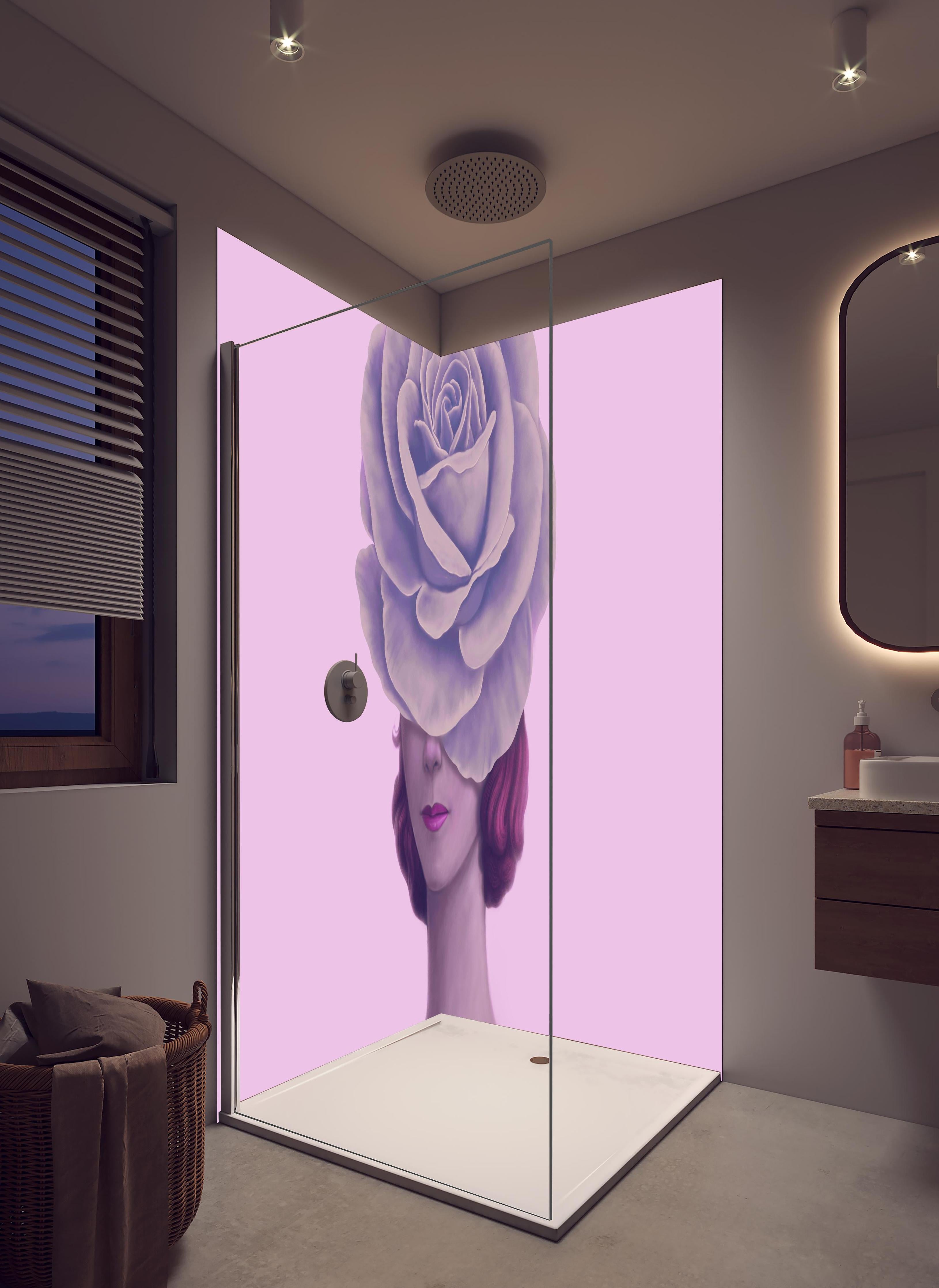 Duschrückwand - Florales Portrait - 3D Darstellung in hellem Badezimmer mit Regenduschkopf  - zweiteilige Eck-Duschrückwand