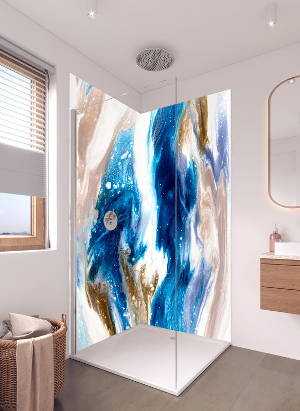 Duschrückwand - Flüssigkunst Malerei - Abstrakt in hellem Badezimmer mit Regenduschkopf  - zweiteilige Eck-Duschrückwand