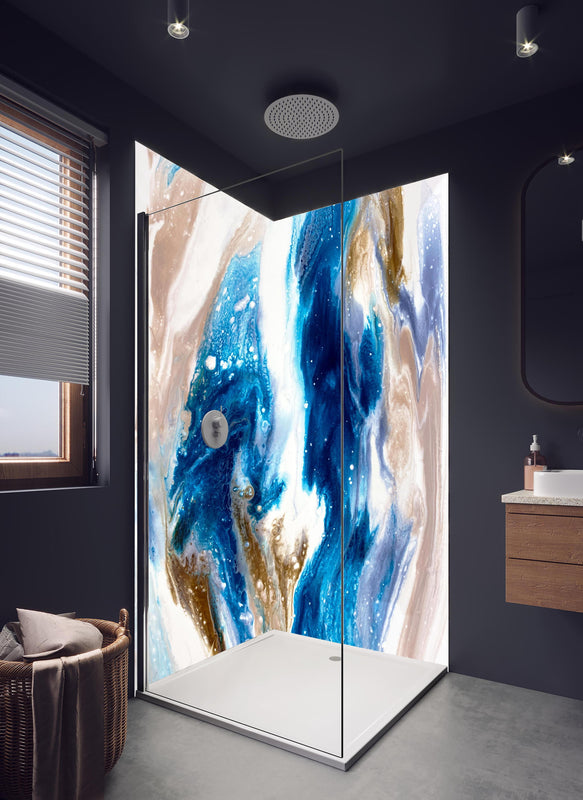 Duschrückwand - Flüssigkunst Malerei - Abstrakt in hellem Badezimmer mit Regenduschkopf  - zweiteilige Eck-Duschrückwand