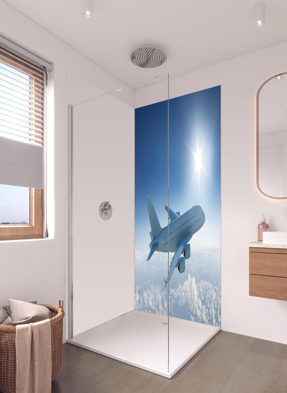 Duschrückwand - Flugzeug über weißen Wolken in hellem Badezimmer mit Regenduschkopf  - zweiteilige Eck-Duschrückwand
