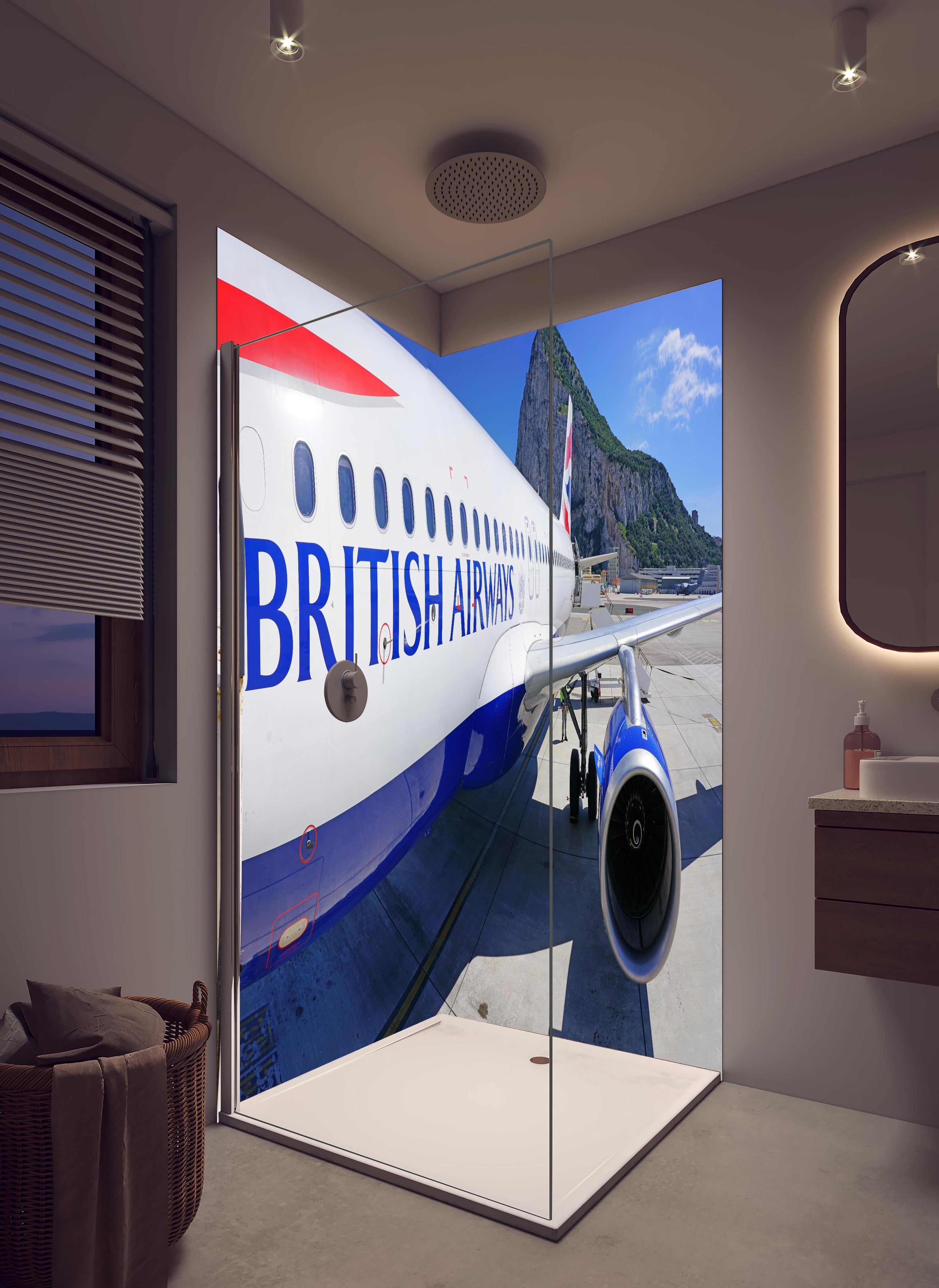 Duschrückwand - Flugzeug von British Airways in hellem Badezimmer mit Regenduschkopf  - zweiteilige Eck-Duschrückwand