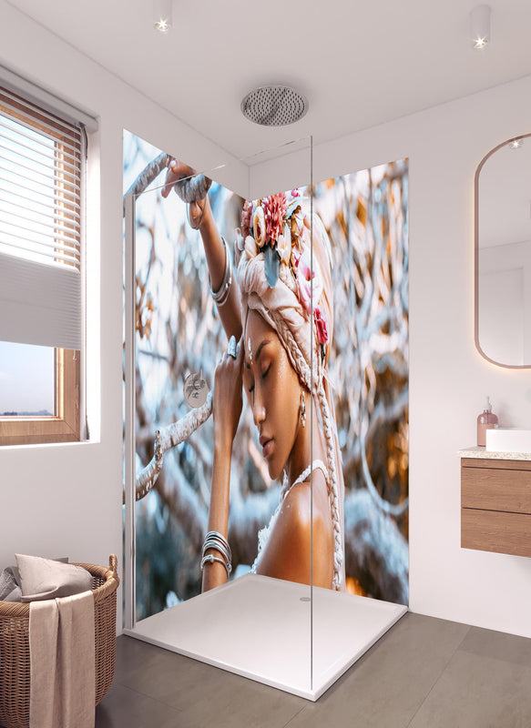 Duschrückwand - Frau mit Blumenkranz in hellem Badezimmer mit Regenduschkopf  - zweiteilige Eck-Duschrückwand