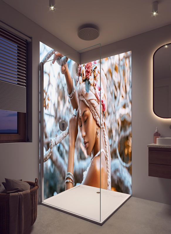 Duschrückwand - Frau mit Blumenkranz in hellem Badezimmer mit Regenduschkopf  - zweiteilige Eck-Duschrückwand