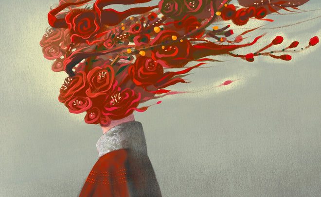 Duschrückwand - Frau mit roten Blumen Kopf