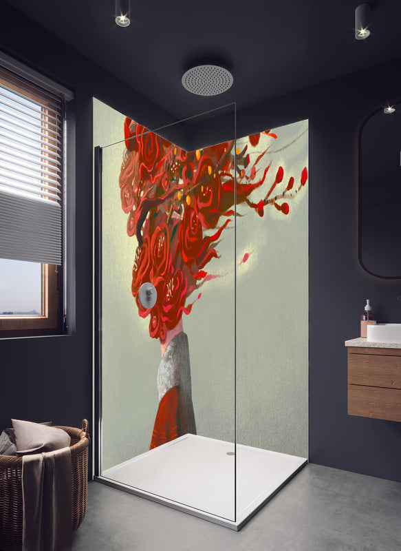Duschrückwand - Frau mit roten Blumen Kopf in hellem Badezimmer mit Regenduschkopf  - zweiteilige Eck-Duschrückwand