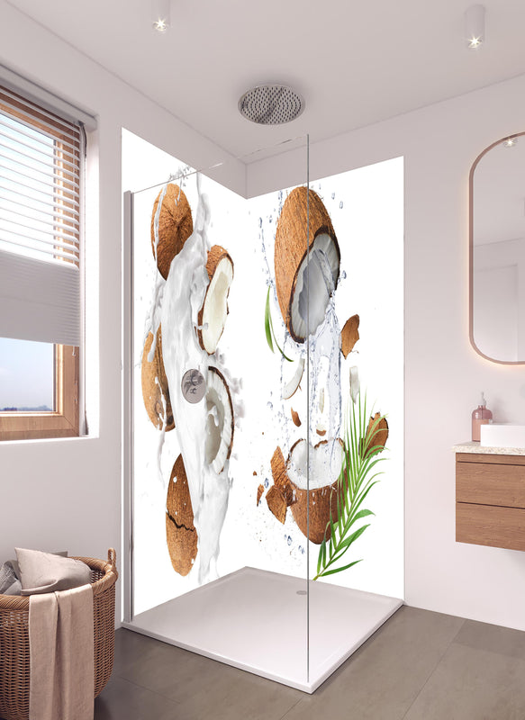 Duschrückwand - Frische Kokosnüsse  in hellem Badezimmer mit Regenduschkopf  - zweiteilige Eck-Duschrückwand
