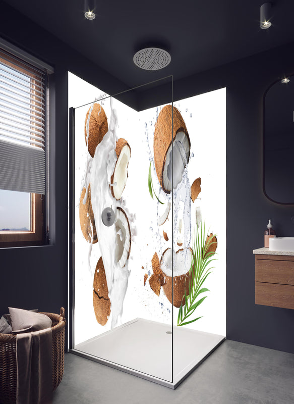 Duschrückwand - Frische Kokosnüsse  in hellem Badezimmer mit Regenduschkopf  - zweiteilige Eck-Duschrückwand