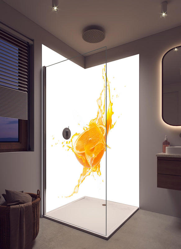 Duschrückwand - Frische Orangen-Hälfte mit Spritzwasser in hellem Badezimmer mit Regenduschkopf  - zweiteilige Eck-Duschrückwand
