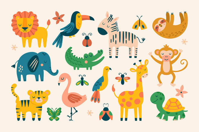 Duschrückwand - Fröhliche bunte Tierillustrationen für Kinder