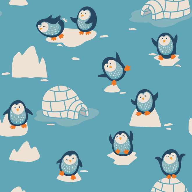 Duschrückwand - Fröhliches Pinguin-Muster auf Türkis