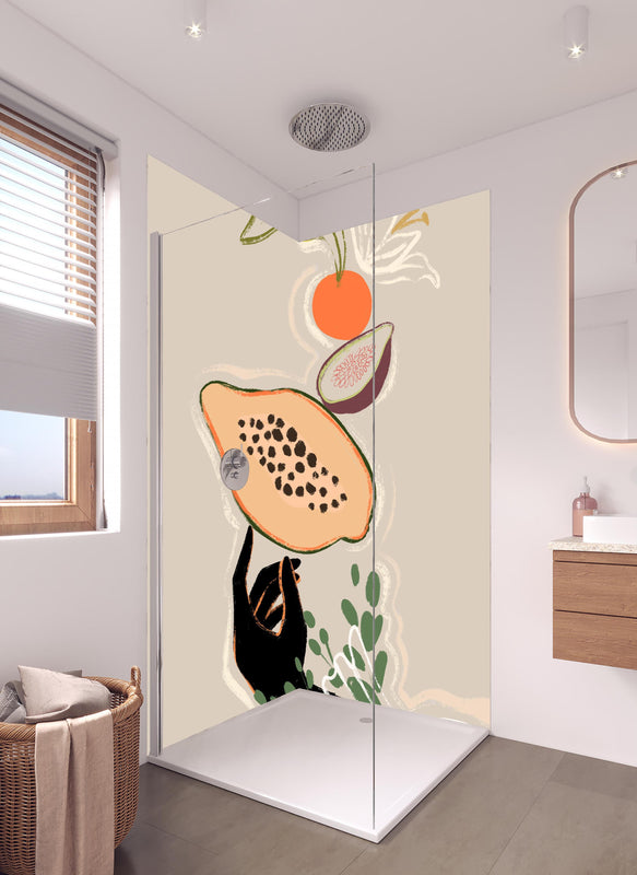 Duschrückwand - Früchte und Gemüse - Gemälde in hellem Badezimmer mit Regenduschkopf  - zweiteilige Eck-Duschrückwand