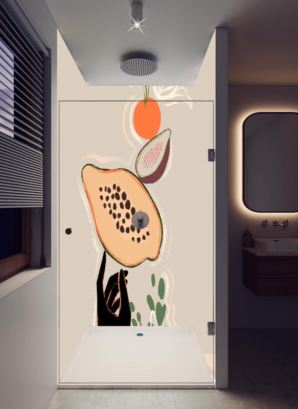 Duschrückwand - Früchte und Gemüse - Gemälde in hellem Badezimmer mit Regenduschkopf  - zweiteilige Eck-Duschrückwand