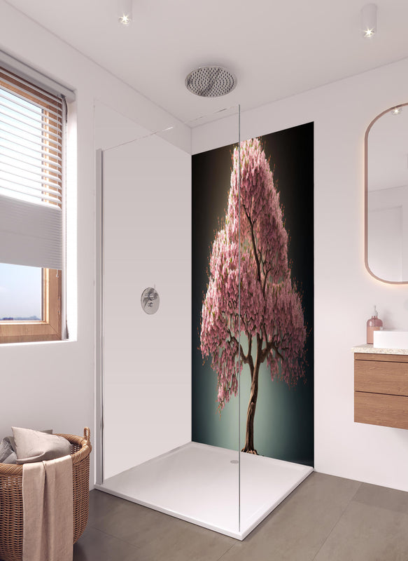 Duschrückwand - Frühlingszeit Kirschblüte Sakura Baum - KI generiert in hellem Badezimmer mit Regenduschkopf  - zweiteilige Eck-Duschrückwand
