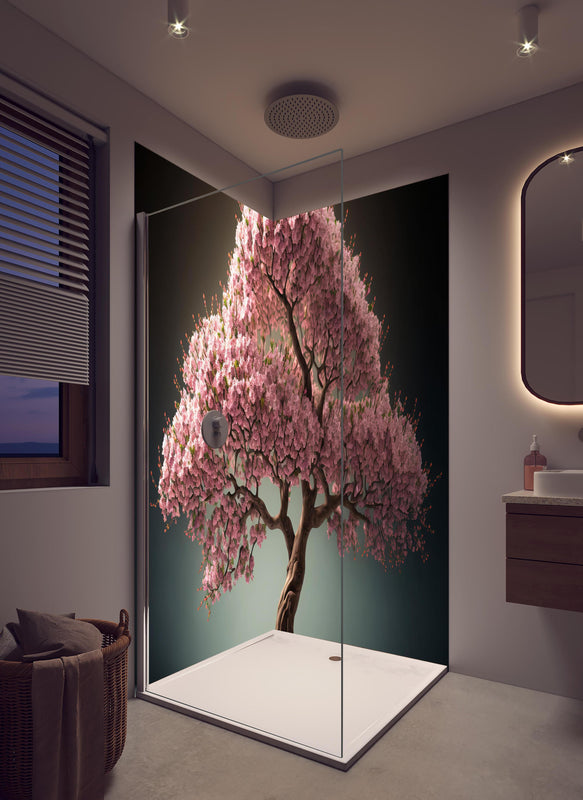 Duschrückwand - Frühlingszeit Kirschblüte Sakura Baum - KI generiert in hellem Badezimmer mit Regenduschkopf  - zweiteilige Eck-Duschrückwand