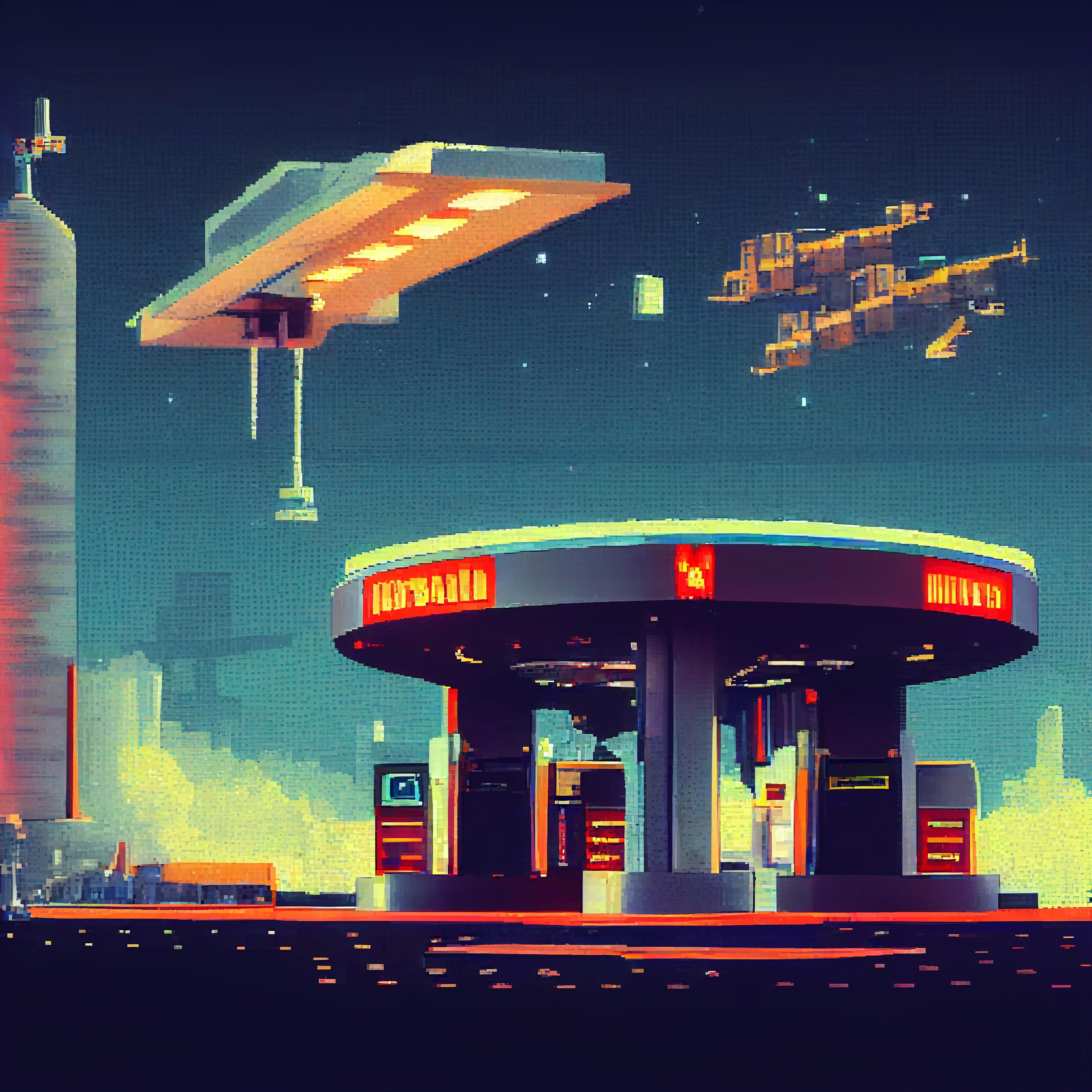 Duschrückwand-Futuristische Illustration einer Cyberpunk-Tankstelle im Pixel-Art-Stil