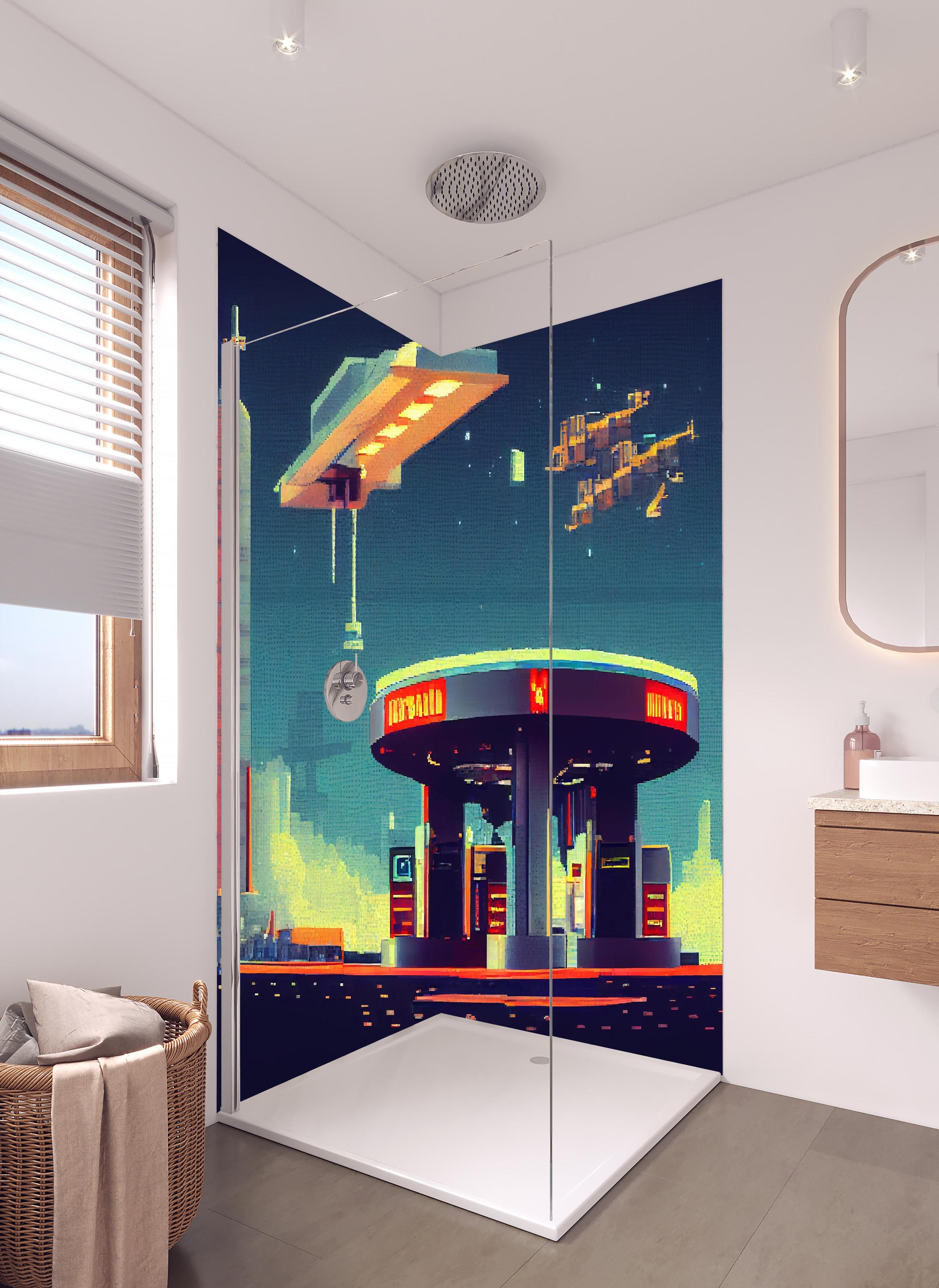 Duschrückwand - Futuristische Illustration einer Cyberpunk-Tankstelle im Pixel-Art-Stil in hellem Badezimmer mit Regenduschkopf  - zweiteilige Eck-Duschrückwand