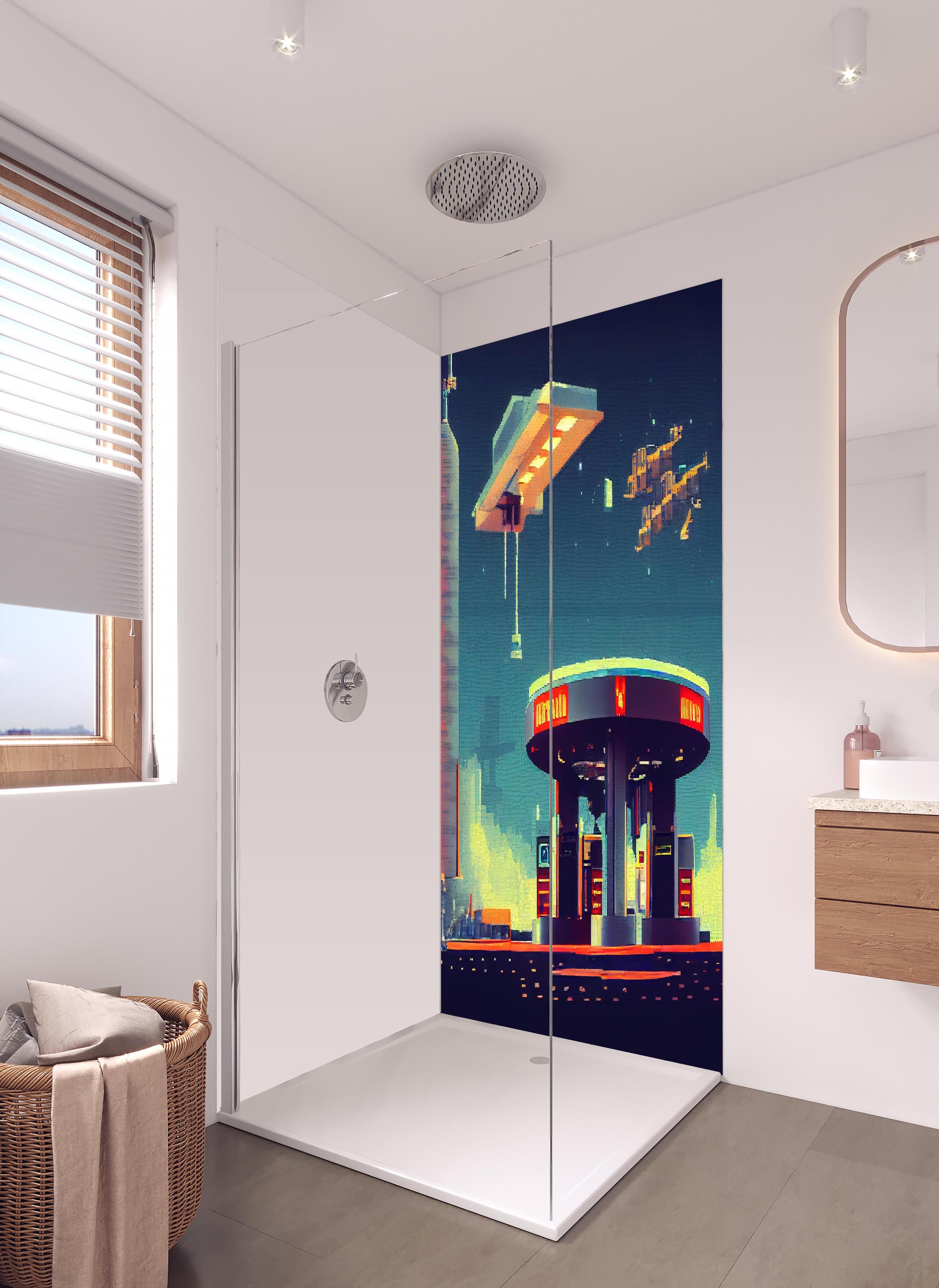 Duschrückwand - Futuristische Illustration einer Cyberpunk-Tankstelle im Pixel-Art-Stil in hellem Badezimmer mit Regenduschkopf  - zweiteilige Eck-Duschrückwand