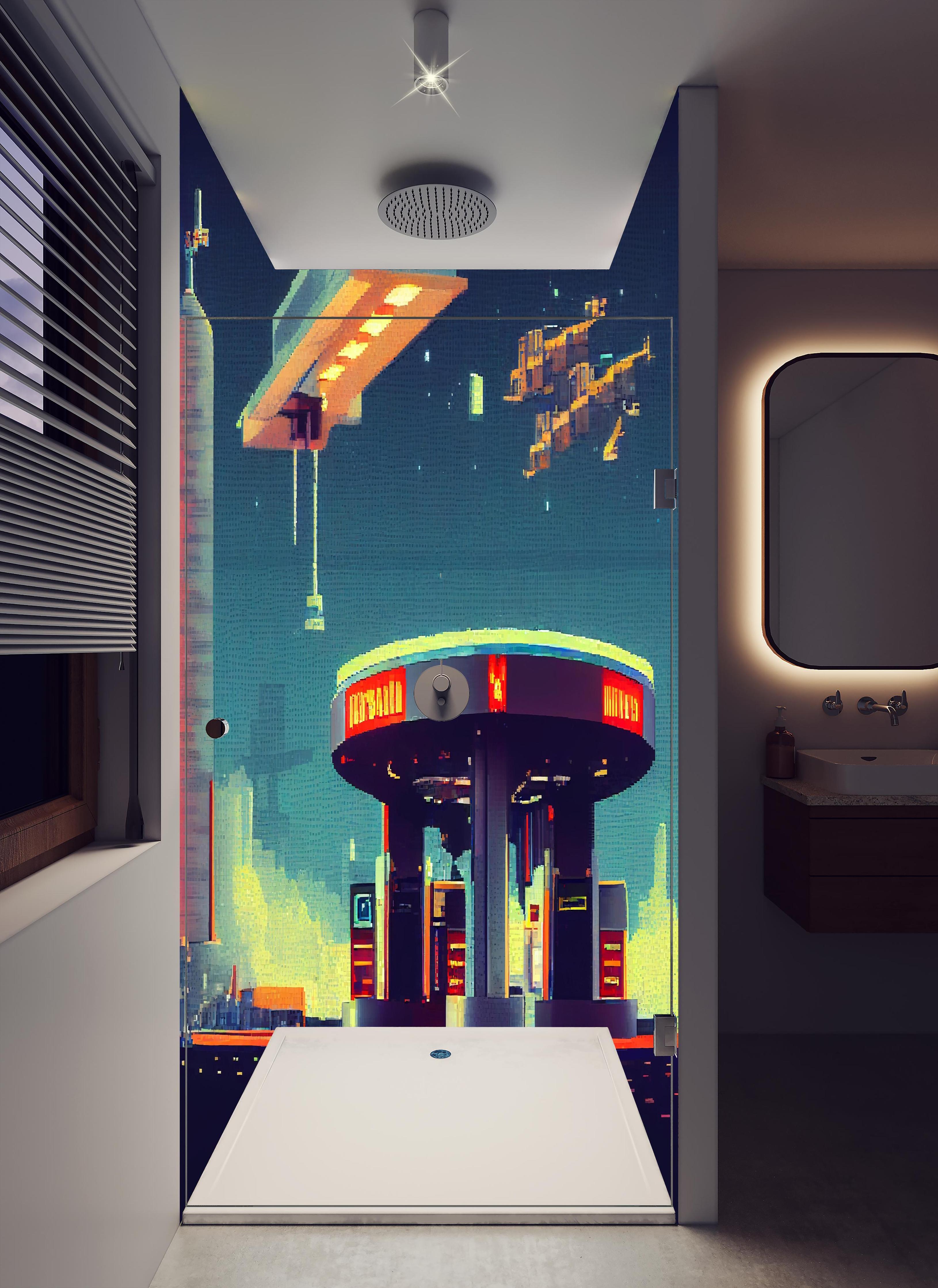 Duschrückwand - Futuristische Illustration einer Cyberpunk-Tankstelle im Pixel-Art-Stil in hellem Badezimmer mit Regenduschkopf  - zweiteilige Eck-Duschrückwand