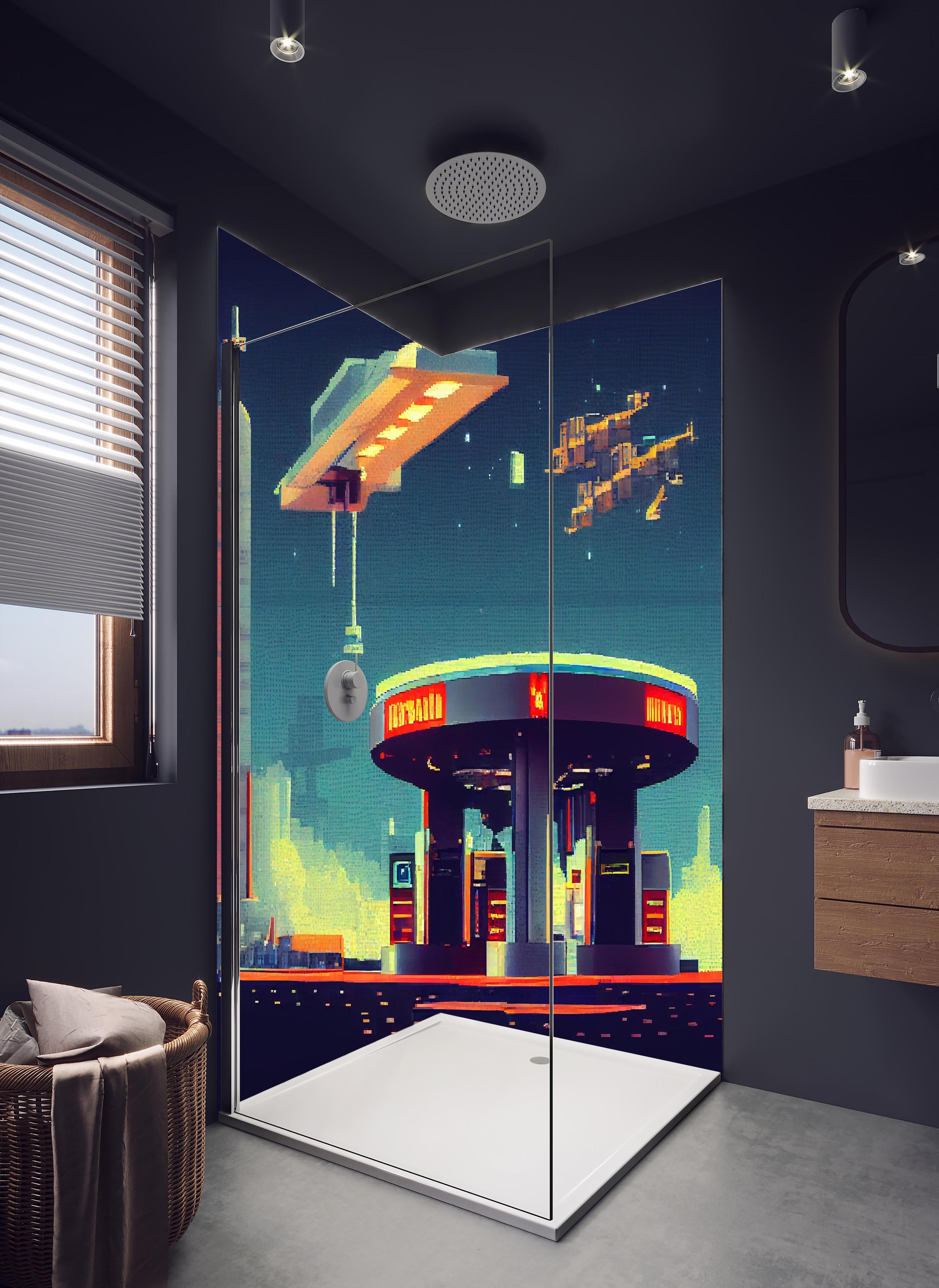 Duschrückwand - Futuristische Illustration einer Cyberpunk-Tankstelle im Pixel-Art-Stil in hellem Badezimmer mit Regenduschkopf  - zweiteilige Eck-Duschrückwand