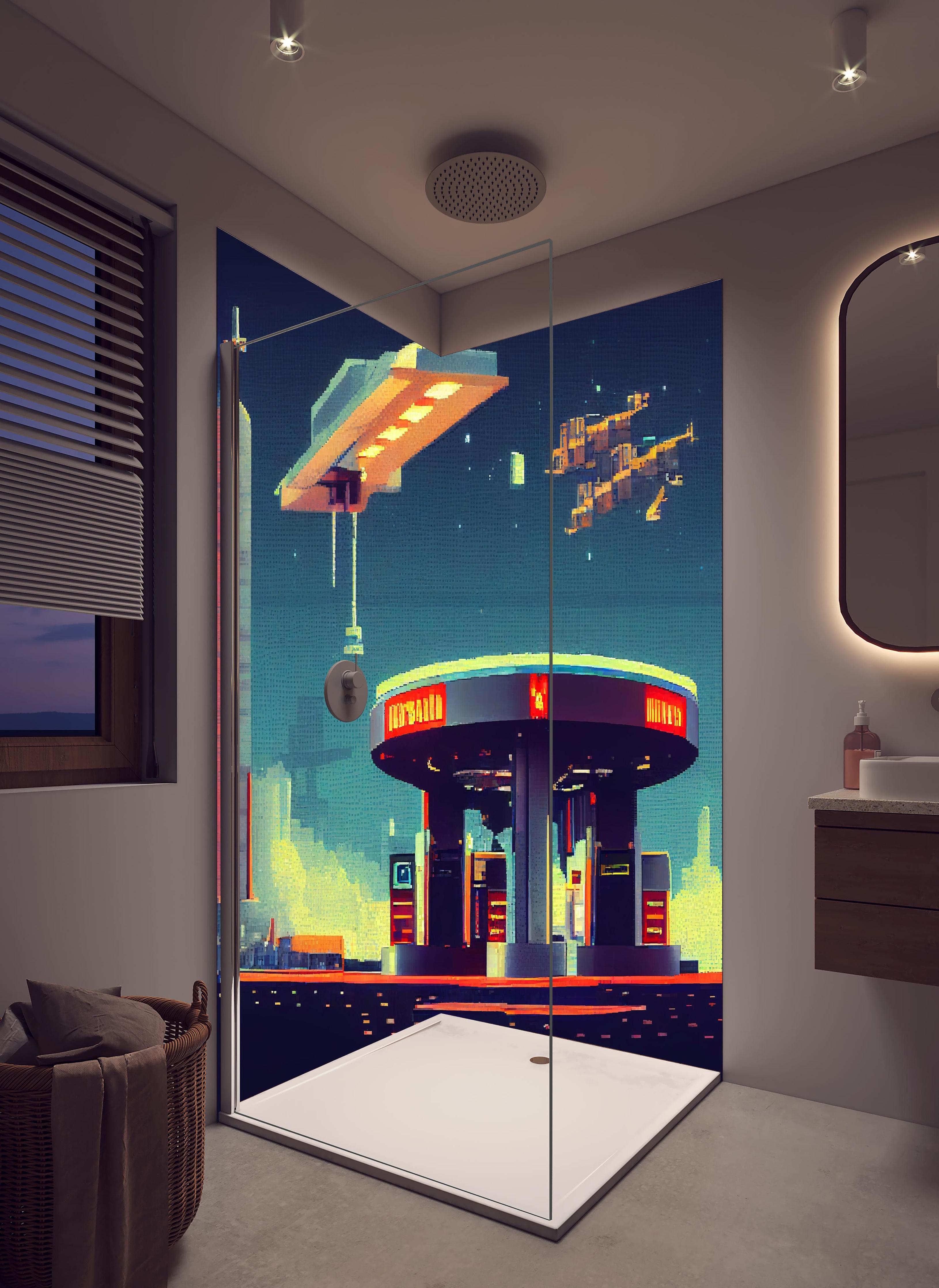 Duschrückwand - Futuristische Illustration einer Cyberpunk-Tankstelle im Pixel-Art-Stil in hellem Badezimmer mit Regenduschkopf  - zweiteilige Eck-Duschrückwand