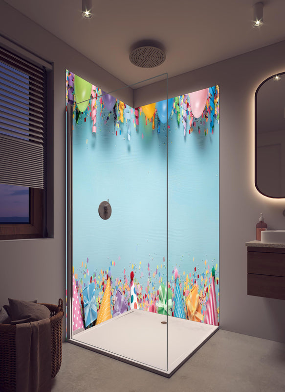 Duschrückwand - Geburtstagsfeier Dekoration in hellem Badezimmer mit Regenduschkopf  - zweiteilige Eck-Duschrückwand