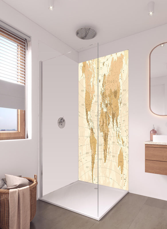 Duschrückwand - Gedruckte alte Weltkarte im Sepia-Stil in hellem Badezimmer mit Regenduschkopf  - zweiteilige Eck-Duschrückwand