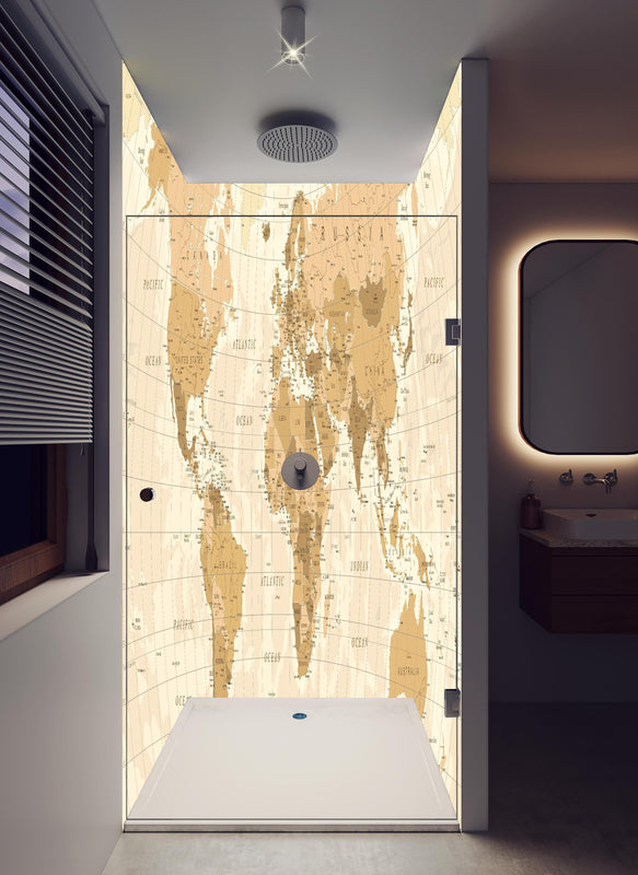 Duschrückwand - Gedruckte alte Weltkarte im Sepia-Stil in hellem Badezimmer mit Regenduschkopf  - zweiteilige Eck-Duschrückwand
