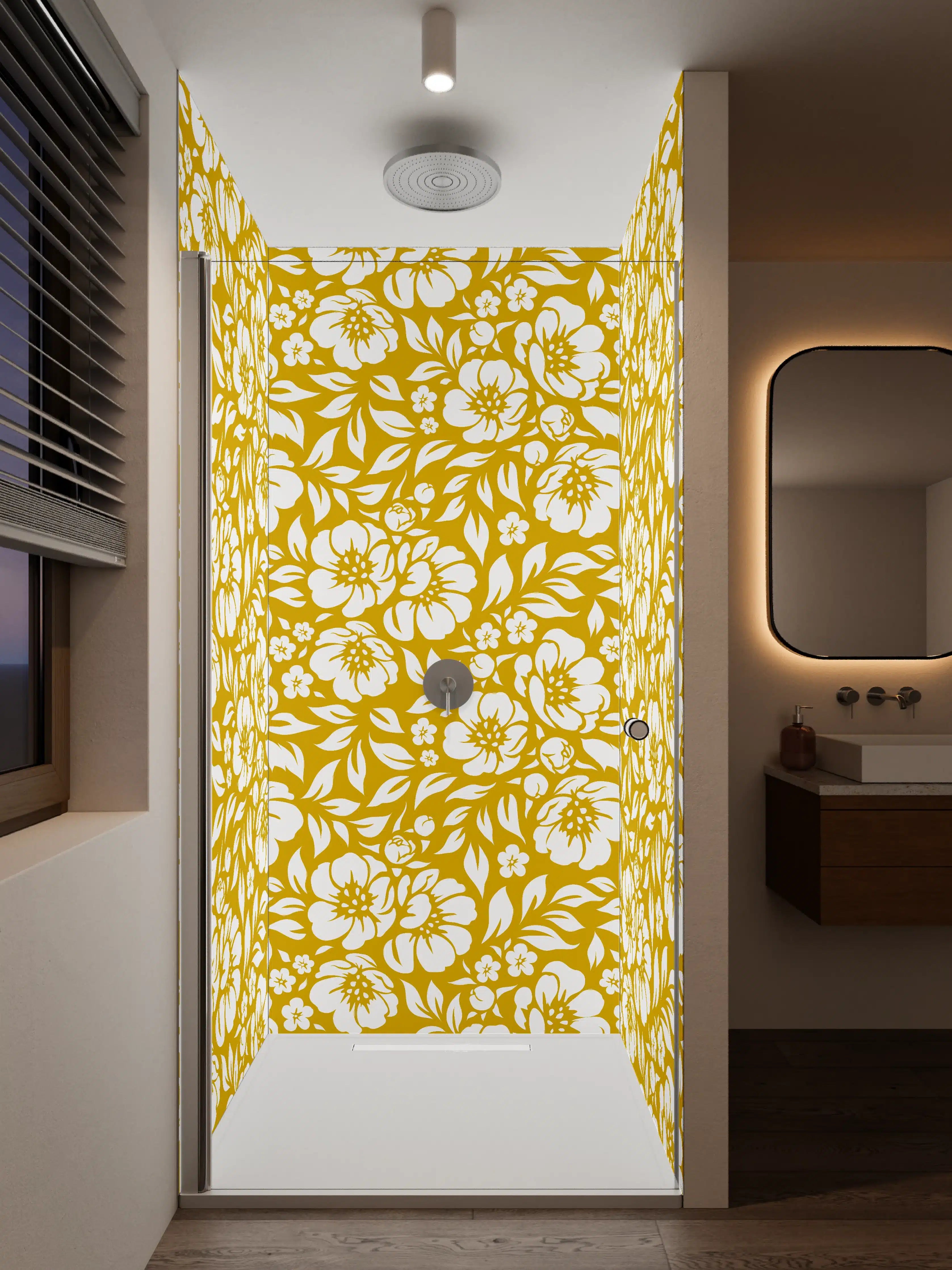 Duschrückwand - Gelb-Weiße Blumengartenmuster mit floralem Design