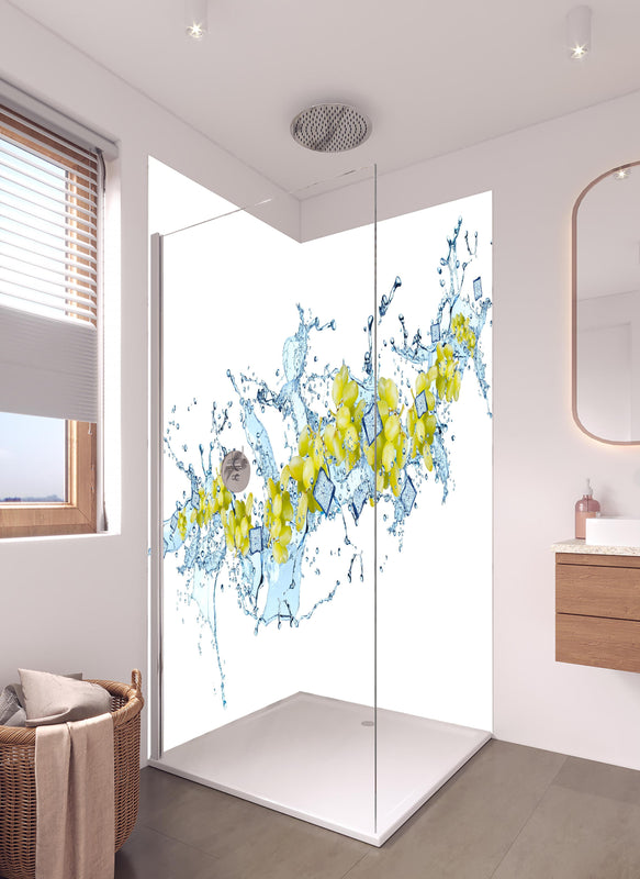 Duschrückwand - Gelbe Trauben mit dynamischem Wasser Splash in hellem Badezimmer mit Regenduschkopf  - zweiteilige Eck-Duschrückwand