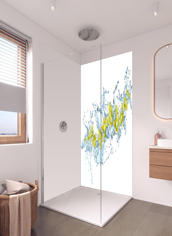 Duschrückwand - Gelbe Trauben mit dynamischem Wasser Splash in hellem Badezimmer mit Regenduschkopf  - zweiteilige Eck-Duschrückwand