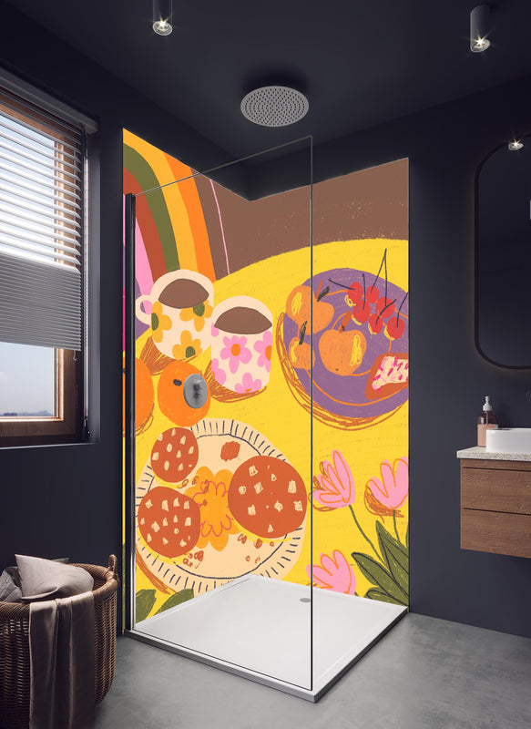 Duschrückwand - Gelber Esstisch - Gemälde in hellem Badezimmer mit Regenduschkopf  - zweiteilige Eck-Duschrückwand