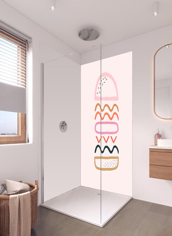 Duschrückwand - Geometrischer Hamburger in Pastellfarben Illustration in hellem Badezimmer mit Regenduschkopf  - zweiteilige Eck-Duschrückwand