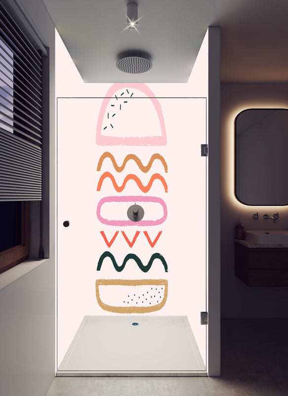 Duschrückwand - Geometrischer Hamburger in Pastellfarben Illustration in hellem Badezimmer mit Regenduschkopf  - zweiteilige Eck-Duschrückwand