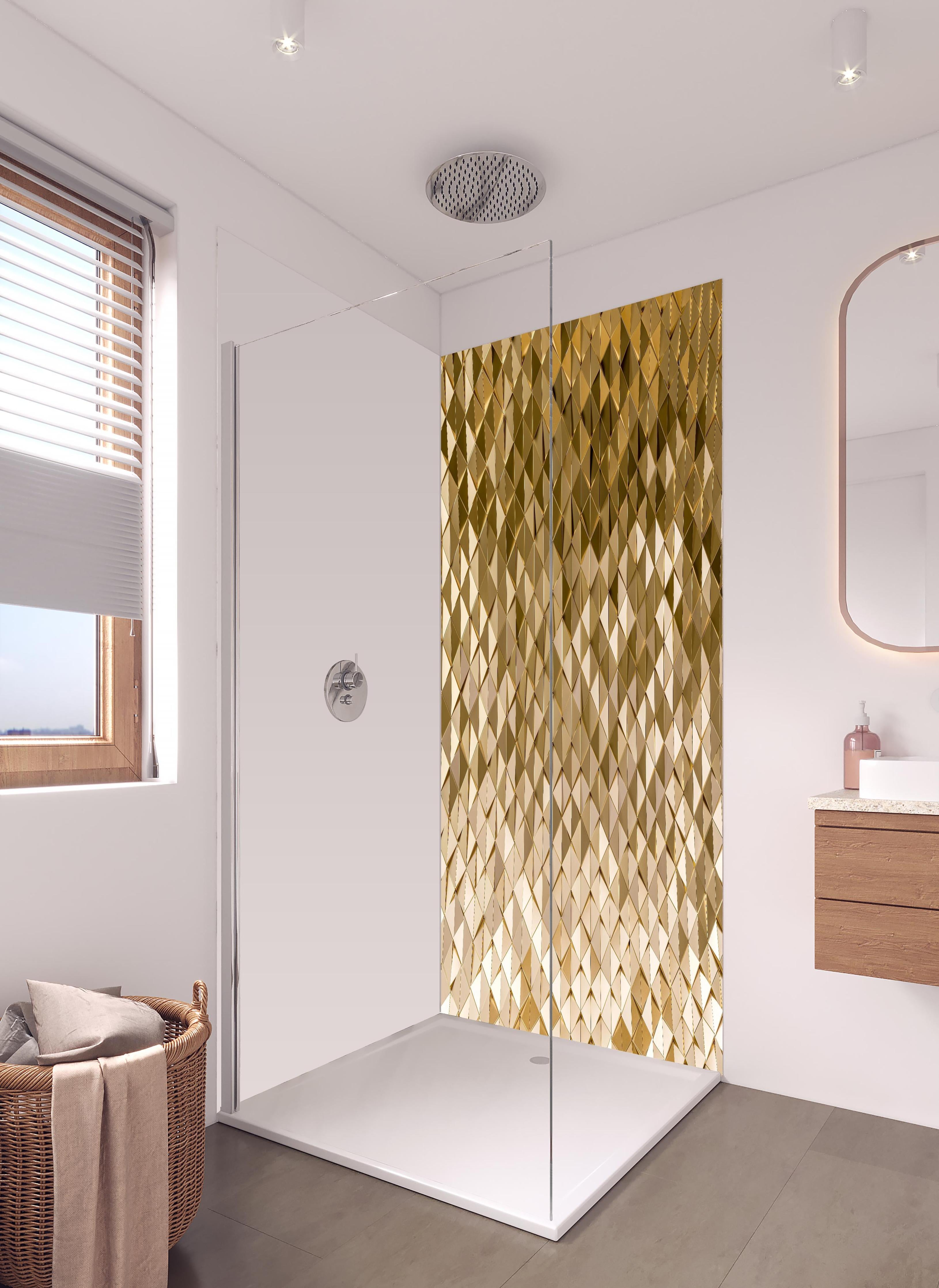 Duschrückwand - Geometrisches Gold-Dreieck-Kurvenmuster in hellem Badezimmer mit Regenduschkopf  - zweiteilige Eck-Duschrückwand