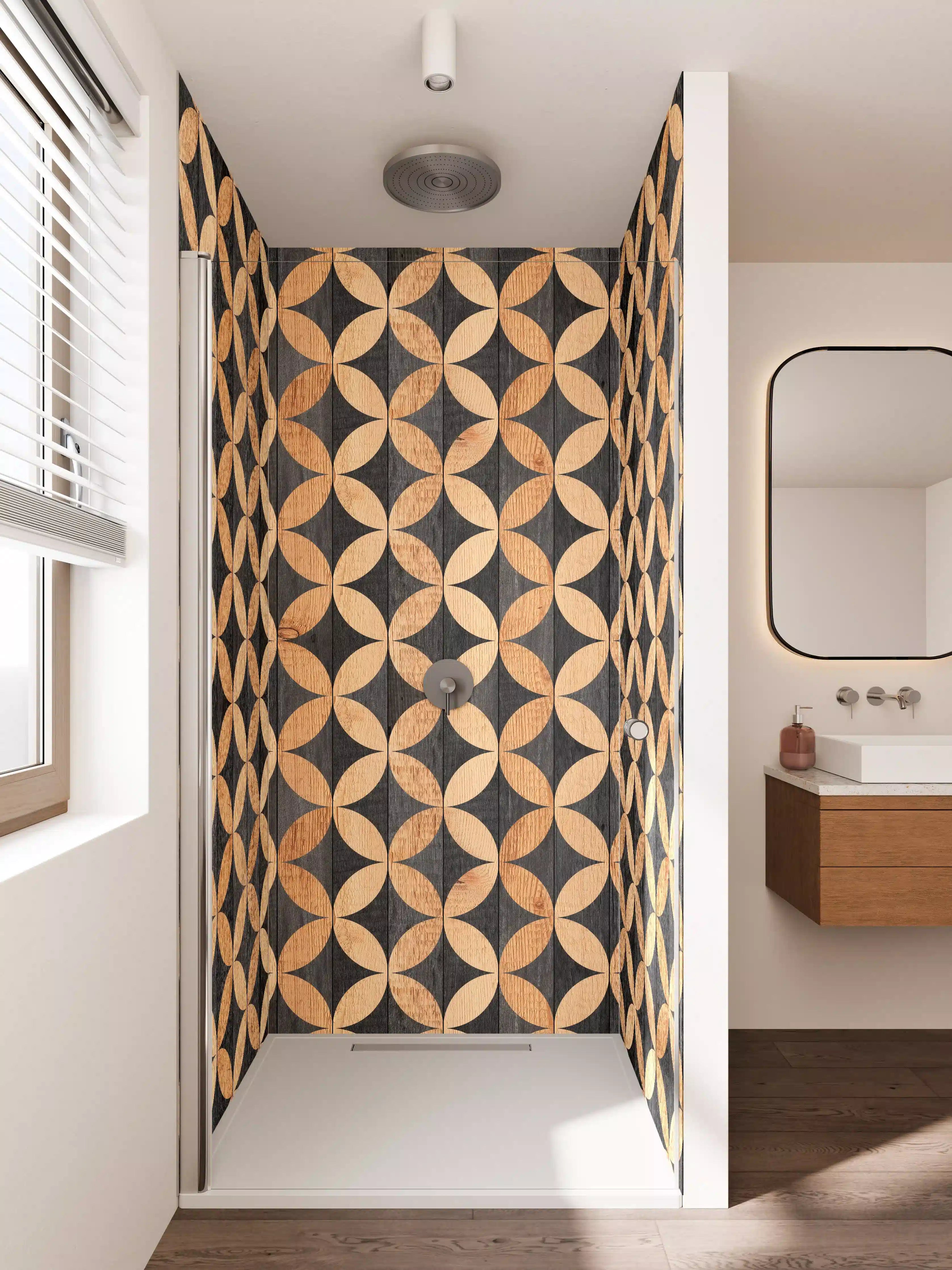 Duschrückwand - Geometrisches Holzdesign in dunklem Ton