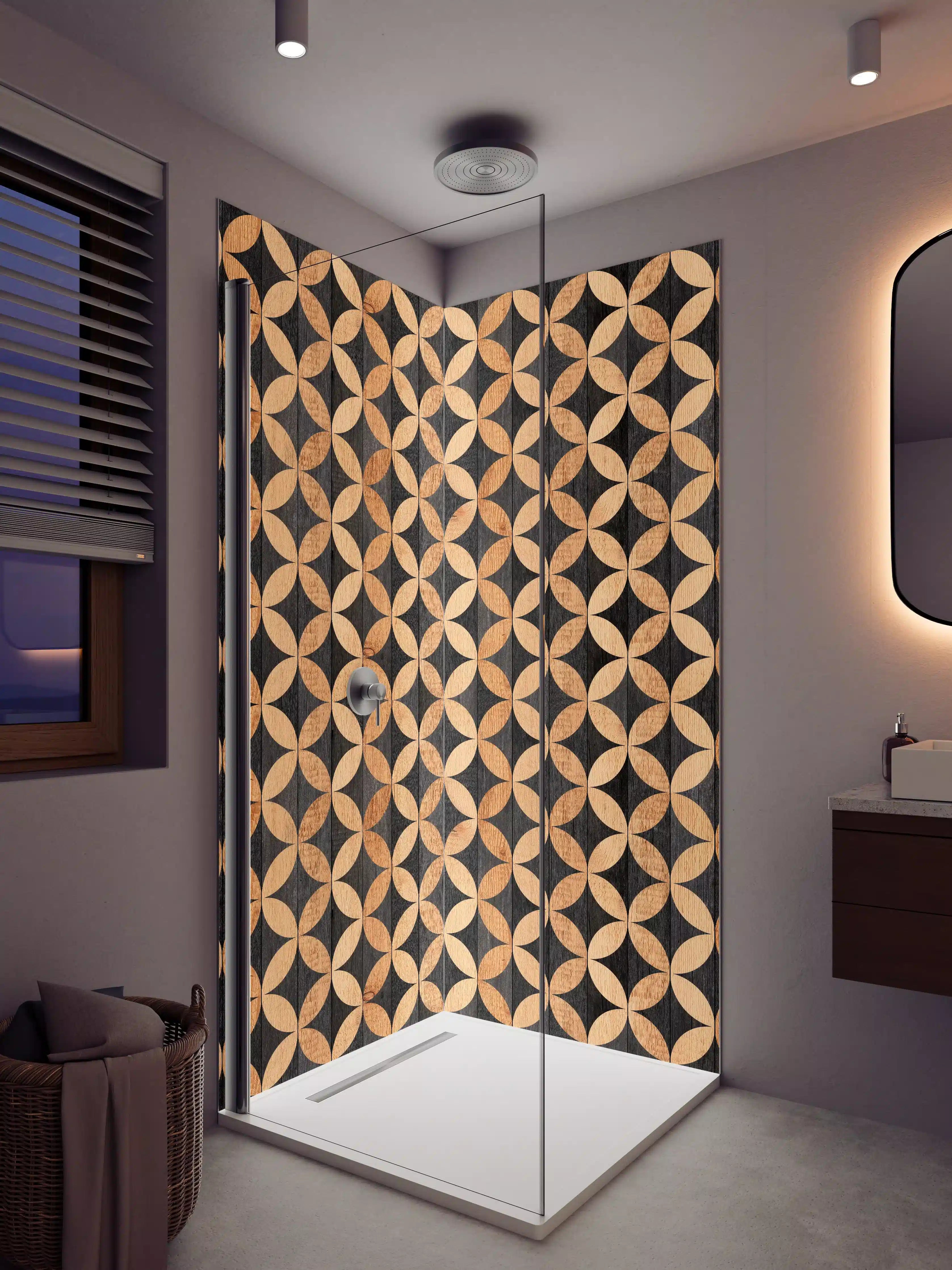 Duschrückwand - Geometrisches Holzdesign in dunklem Ton